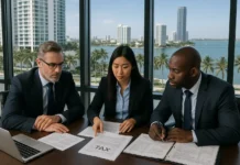 Tax and Legal Aspects for Foreigners in Miami: Complete Guide to Invest Safely Modern law office in Miami with international attorneys analyzing tax documents