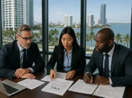 Modern law office in Miami with international attorneys analyzing tax documents