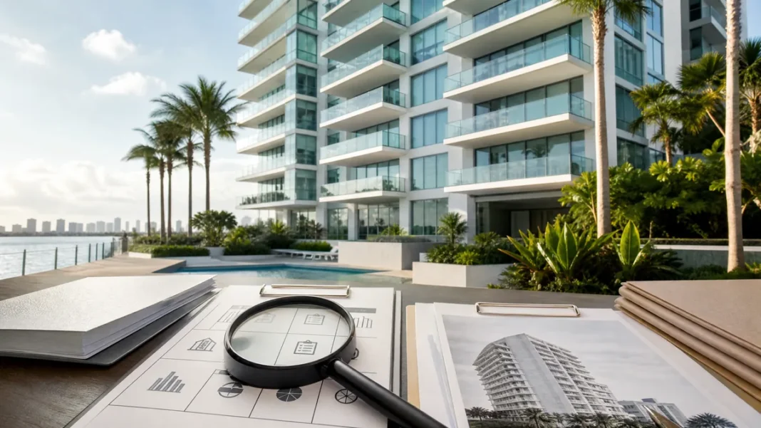 Florida condominium due diligence visual with building documents and buyer advisory context.