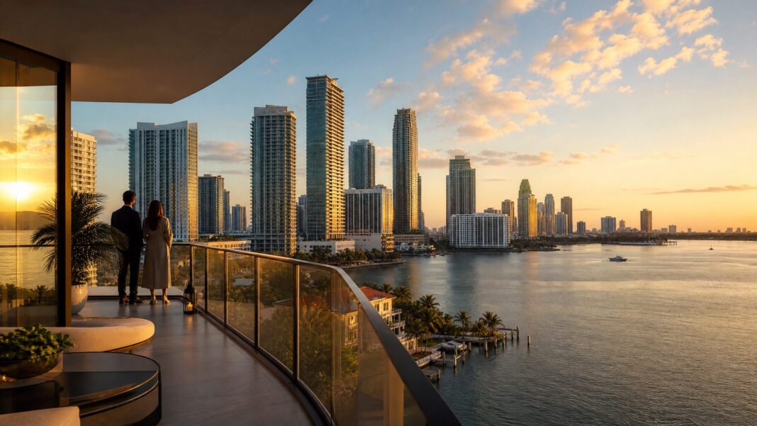 Miami waterfront skyline viewed from a luxury balcony at golden hour.