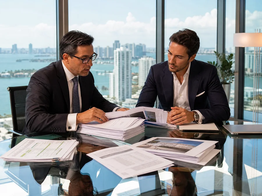 Real estate attorney and international buyer reviewing SIRS condo documents in Miami office
