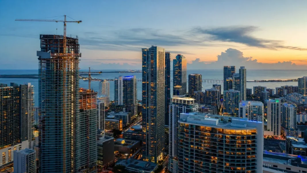Aerial view of Brickell and Edgewater Miami skyline showing new luxury condo developments in 2026
