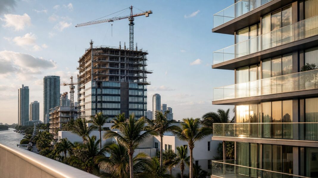 Modern Miami condominium construction and finished luxury tower without text.