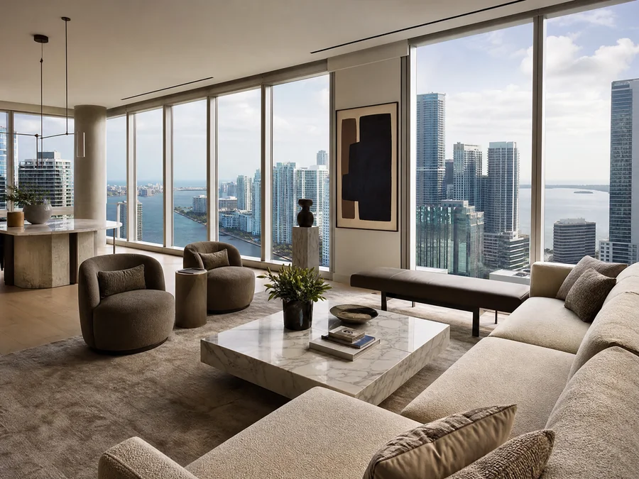 Luxury penthouse living room with panoramic views of Brickell skyline and Biscayne Bay