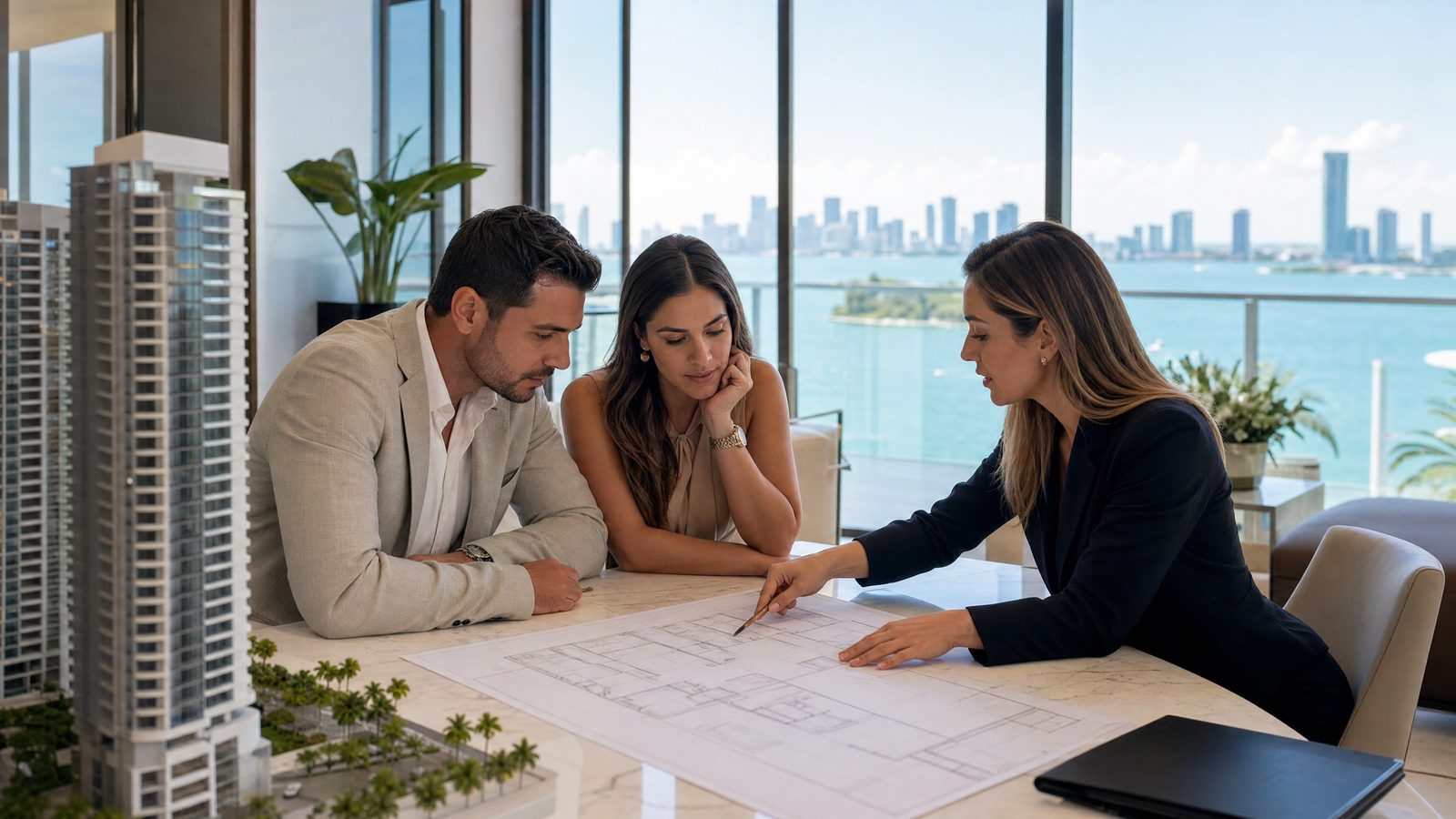 Compradores latinoamericanos revisan planos de preconstrucción en Miami con una asesora inmobiliaria.