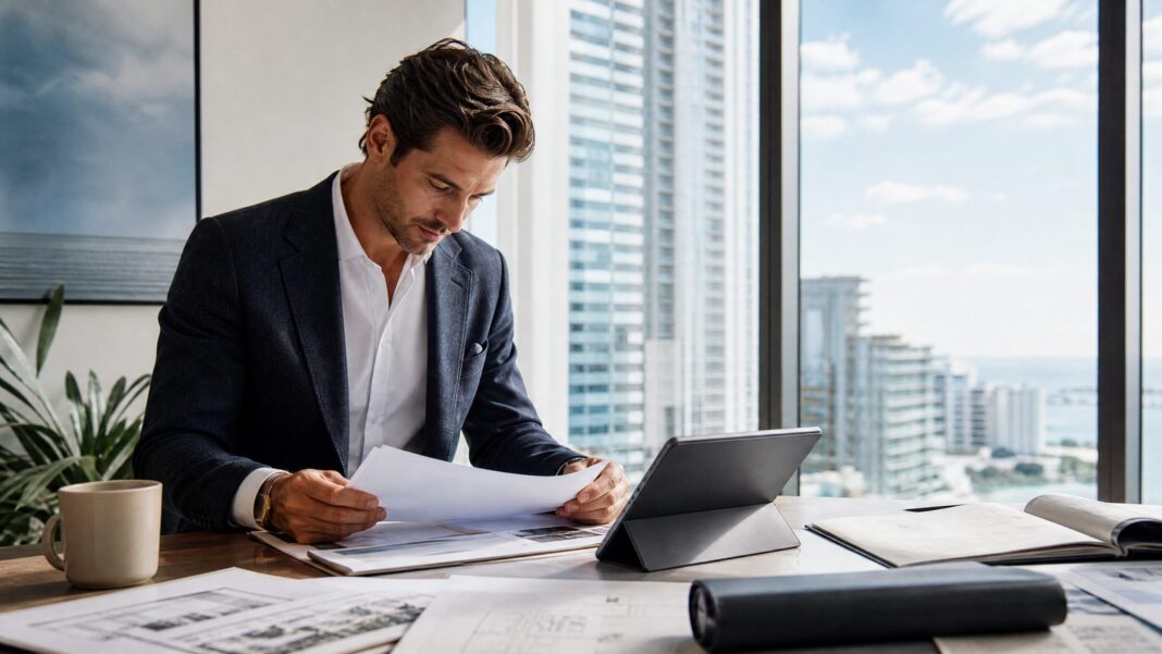 Advisor reviews condominium documents at a desk overlooking Miami residential towers.