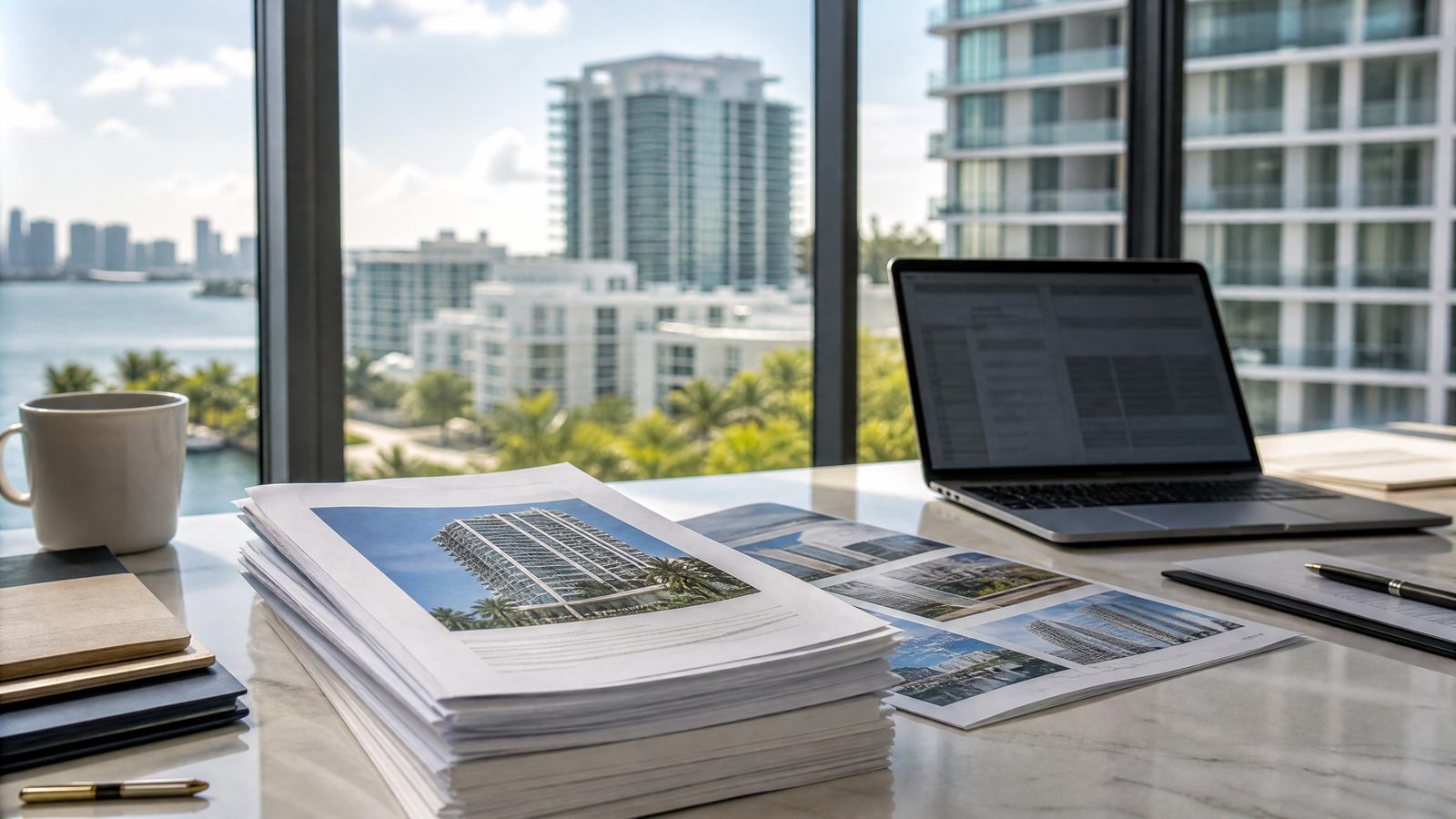 Documentos de condominio, materiales de seguro e información del edificio revisados antes de comprar en Miami.