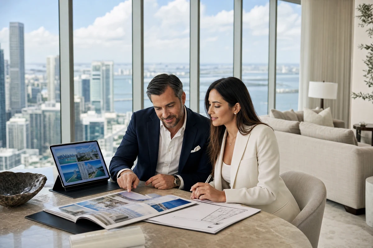 International investors reviewing Miami luxury real estate listings with panoramic city views