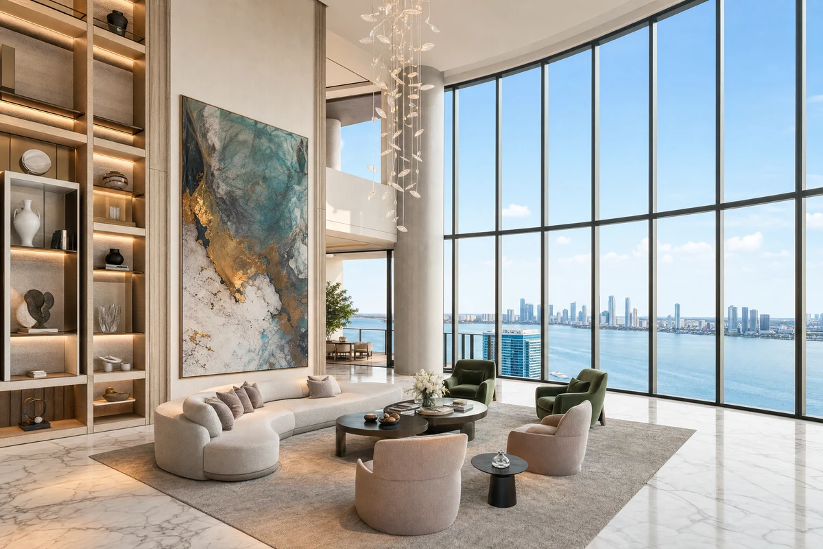 Interior of a branded luxury residence in Miami with panoramic waterfront views