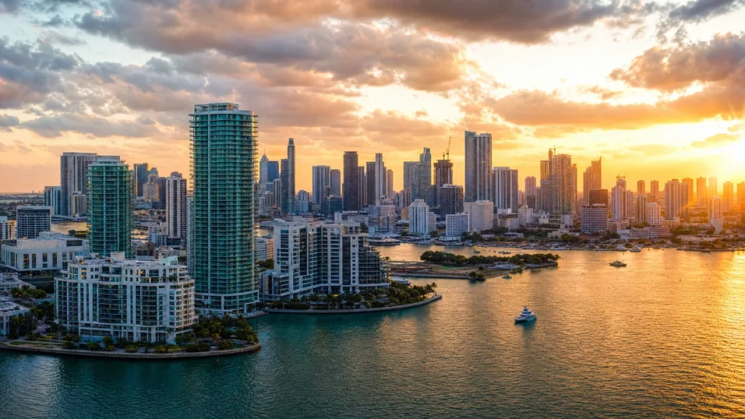 Miami skyline at sunset with luxury waterfront condominiums — FIFA World Cup 2026 real estate impact