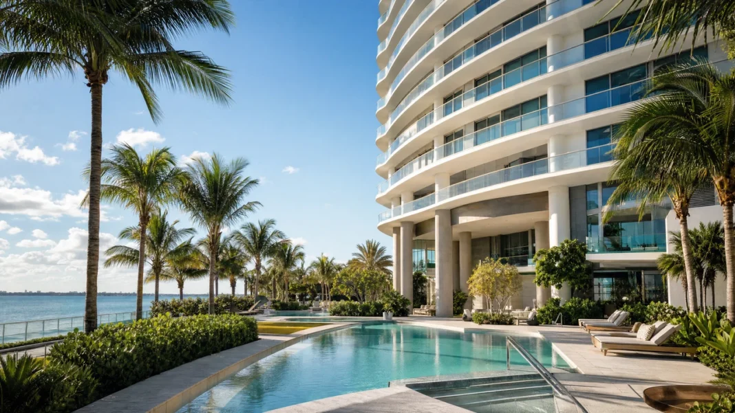 Elegant Florida luxury condominium with resort-style pool and tropical landscaping