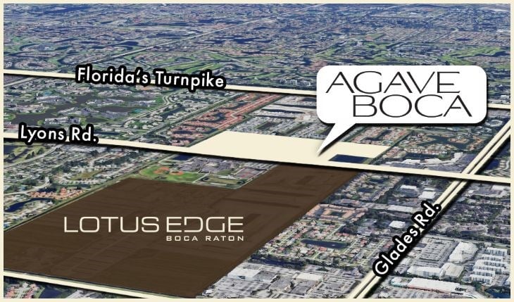 Agave Boca location map showing proximity to Lotus Edge, Lyons Rd, Glades Rd and Florida Turnpike in Boca Raton