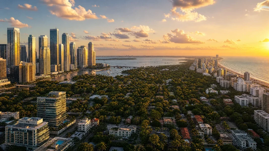 Aerial view of Miami neighborhoods at golden hour showing Brickell towers, Coconut Grove tree canopy and South Beach coastline