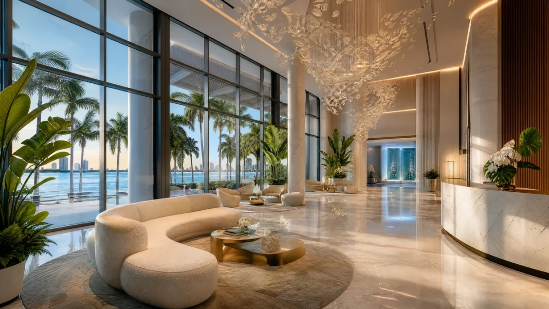 Ultra-modern luxury branded residence lobby in Miami with floor-to-ceiling bay views and wellness spa entrance