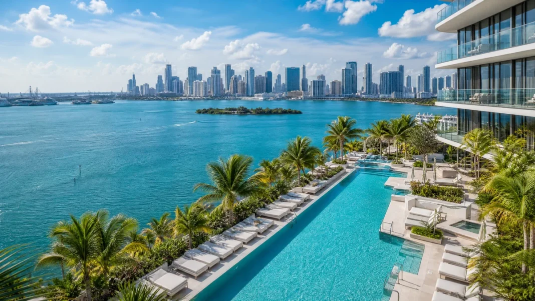 Aerial view of luxury Miami condo infinity pool deck overlooking Biscayne Bay with downtown skyline in background