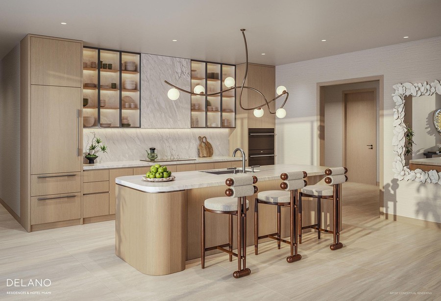 Delano Residences kitchen with Italkraft cabinetry and Sub-Zero Wolf appliances