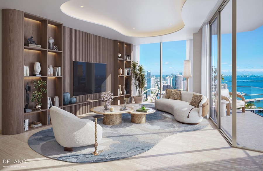 Delano Residences curated living area with floor-to-ceiling glass