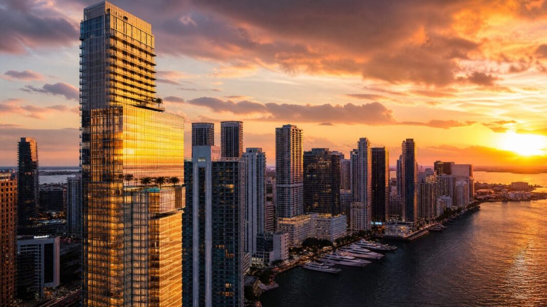Panoramic view of Miami luxury waterfront real estate with downtown skyline and Biscayne Bay at sunset