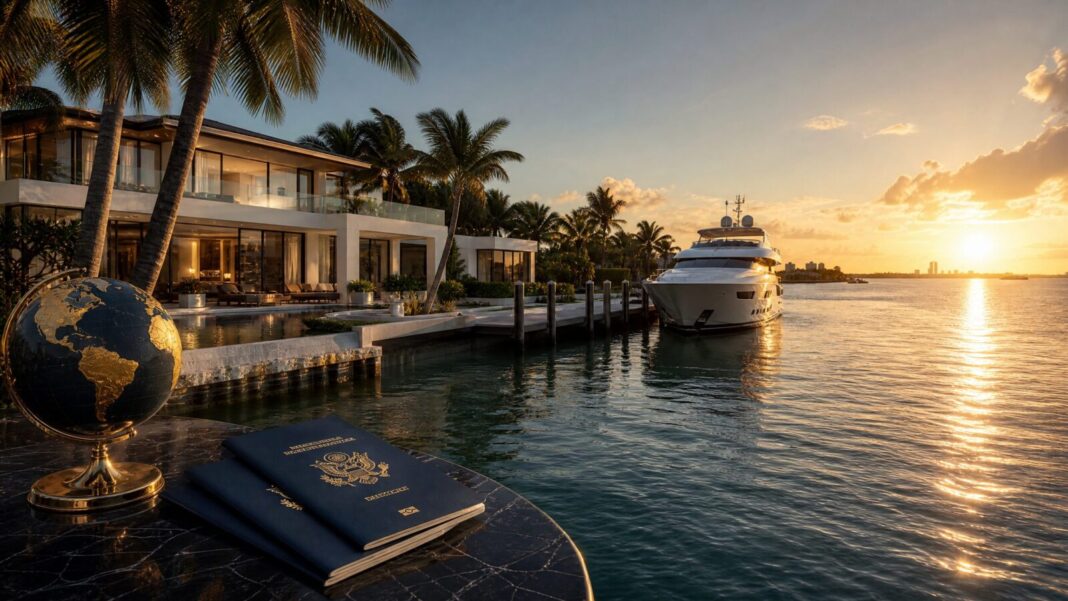 Luxury waterfront mansion in South Florida with yacht and international investment elements at golden hour