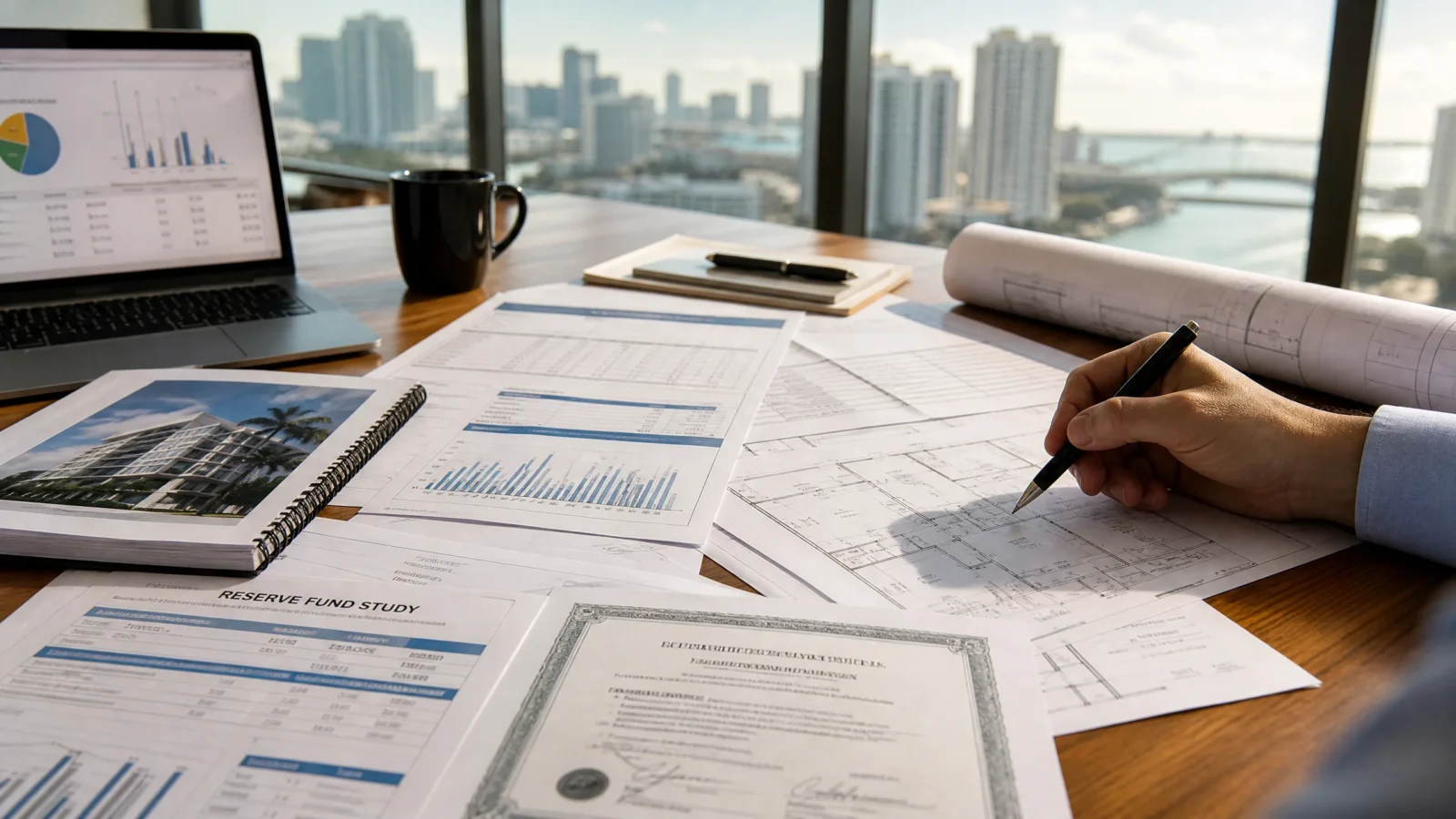 Financial documents and condo reserve fund study being reviewed on a desk with Miami skyline in background