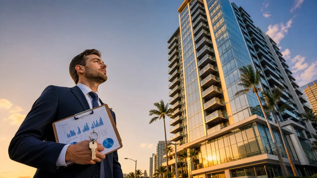 Luxury high-rise condominium building in Miami with professional reviewing financial documents at sunset