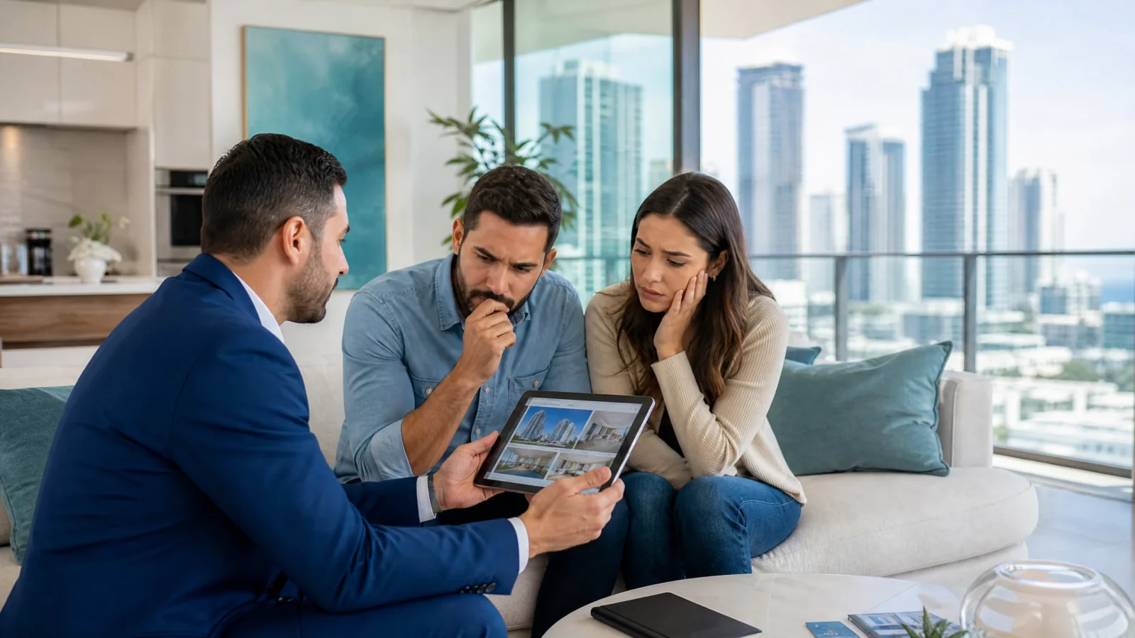 Real estate agent showing property listings on tablet to a young couple concerned about prices in a modern Miami condo with skyline view