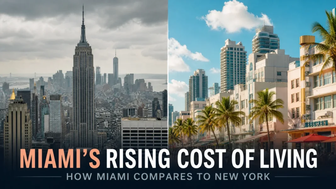 Split comparison of New York City and Miami skylines showing cost of living differences