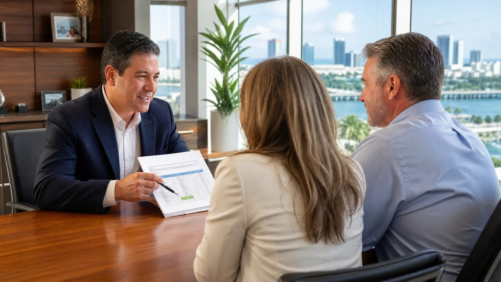 Insurance agent reviewing a rate decrease quote with a couple in a bright modern Miami office with bay views