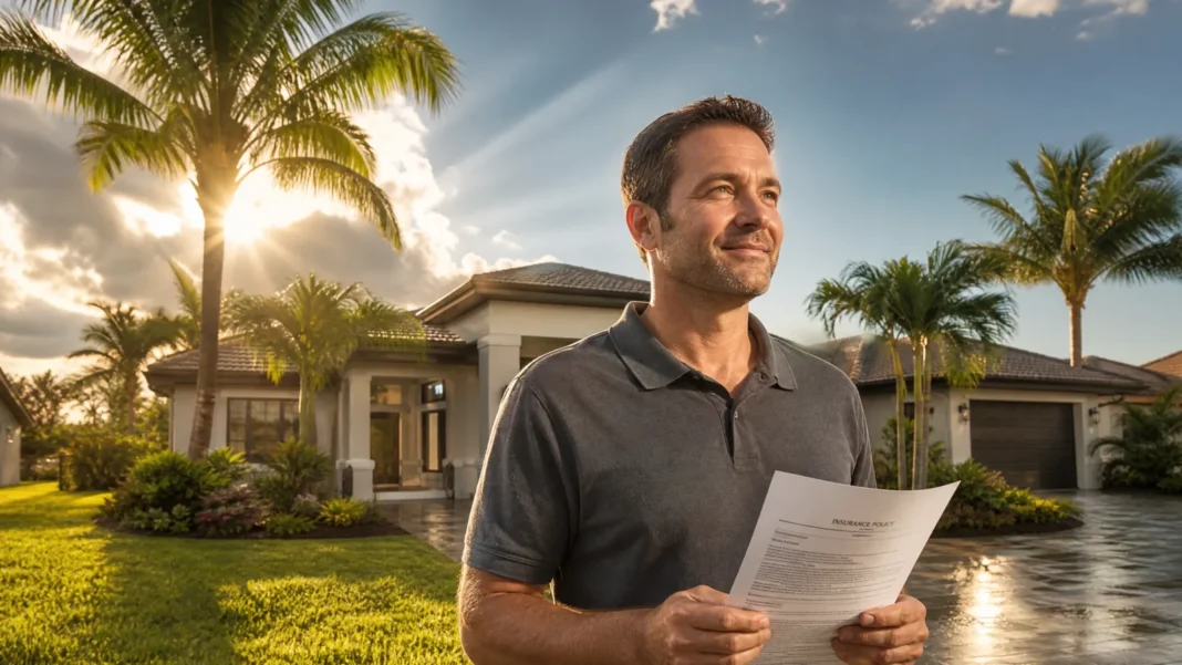 Homeowner holding insurance policy with relief in front of South Florida home after storm passes