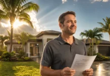 Florida Home Insurance Rates Are Finally Falling in 2026: What Changed and How It Affects Your Investment Homeowner holding insurance policy with relief in front of South Florida home after storm passes