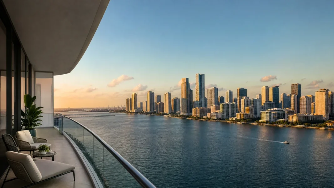 Miami waterfront skyline viewed from an elegant condominium balcony for an international buyer market article.