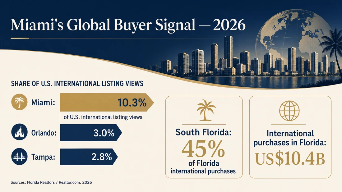 Miami global buyer signal infographic showing international listing views and Florida international purchase figures.