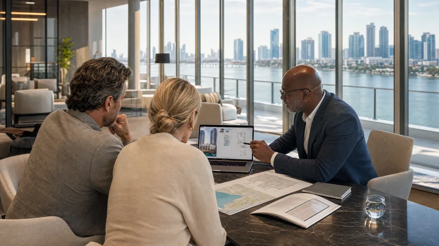 International buyers reviewing Miami condominium and neighborhood information with an advisor.