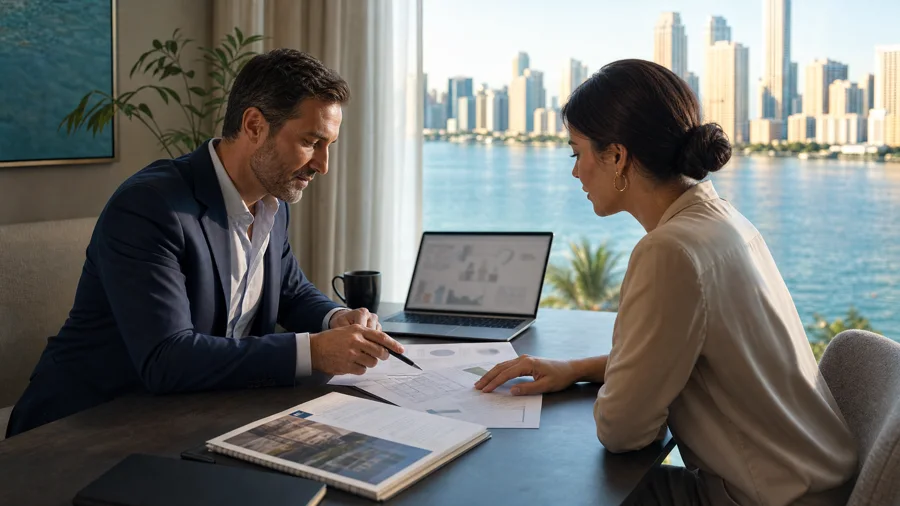 Real estate advisor and buyer reviewing condominium documents with the Miami skyline beyond.