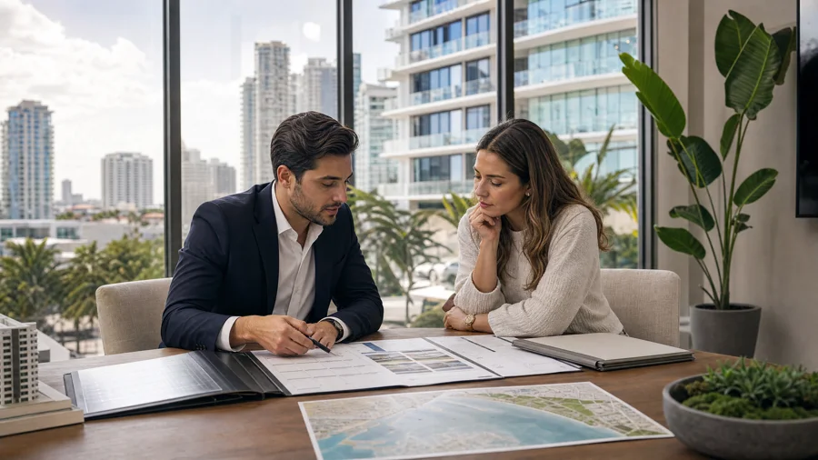 Property owner and advisor reviewing rental operations and building information in Miami.