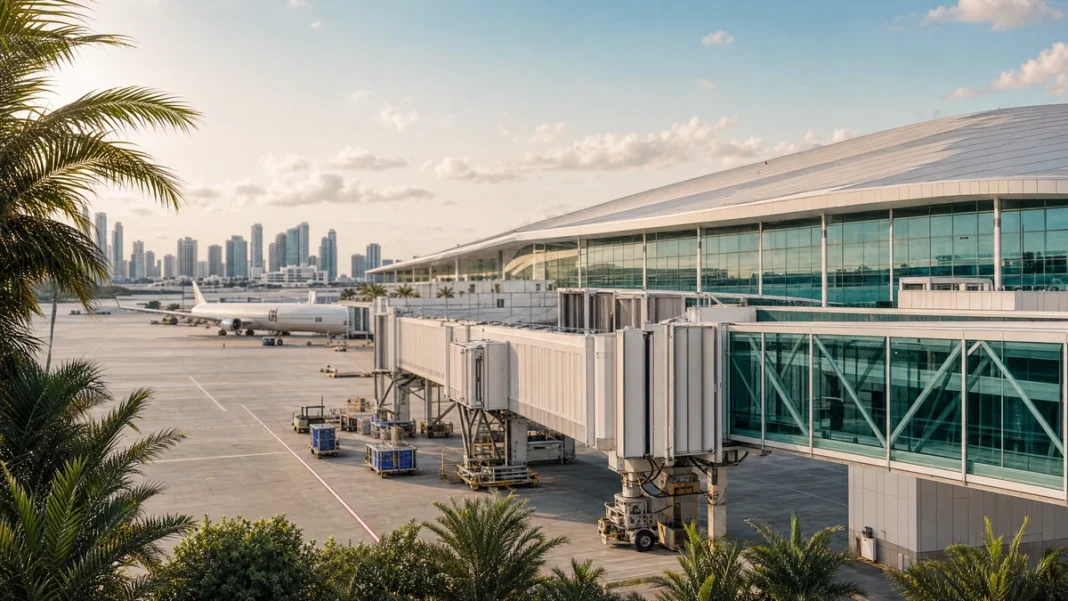 Miami International Airport terminal and runway in an editorial view