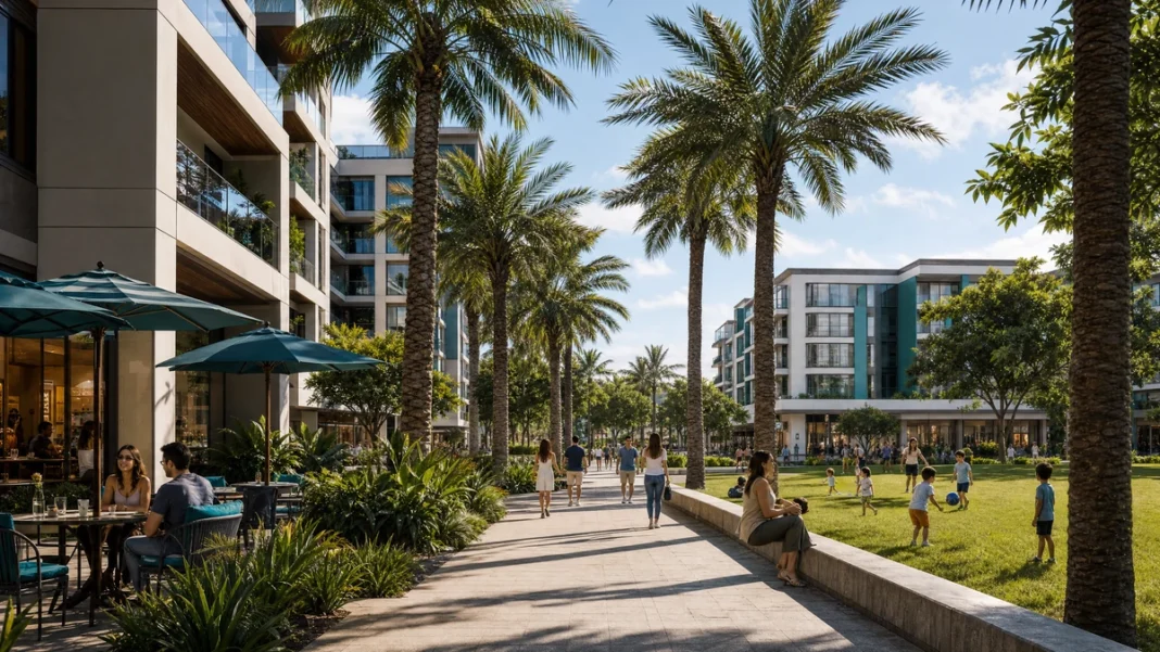 Downtown Doral mixed use streetscape with residences parks and services
