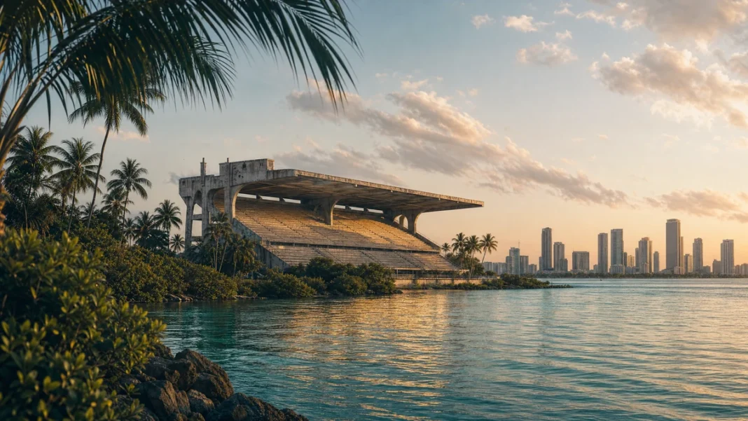 Conceptual editorial view of Miami Marine Stadium and Virginia Key waterfront