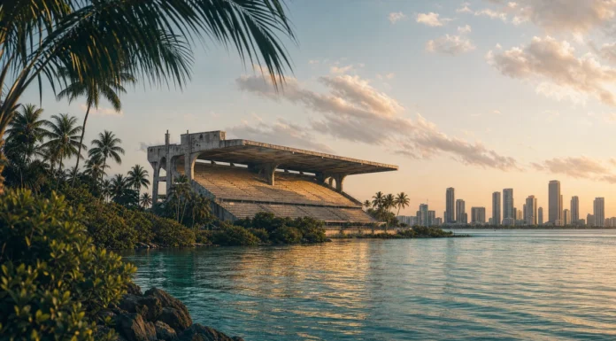 Miami Marine Stadium aprobado: qué puede cambiar la recuperación de Virginia Key para el estilo de vida waterfront Conceptual editorial view of Miami Marine Stadium and Virginia Key waterfront