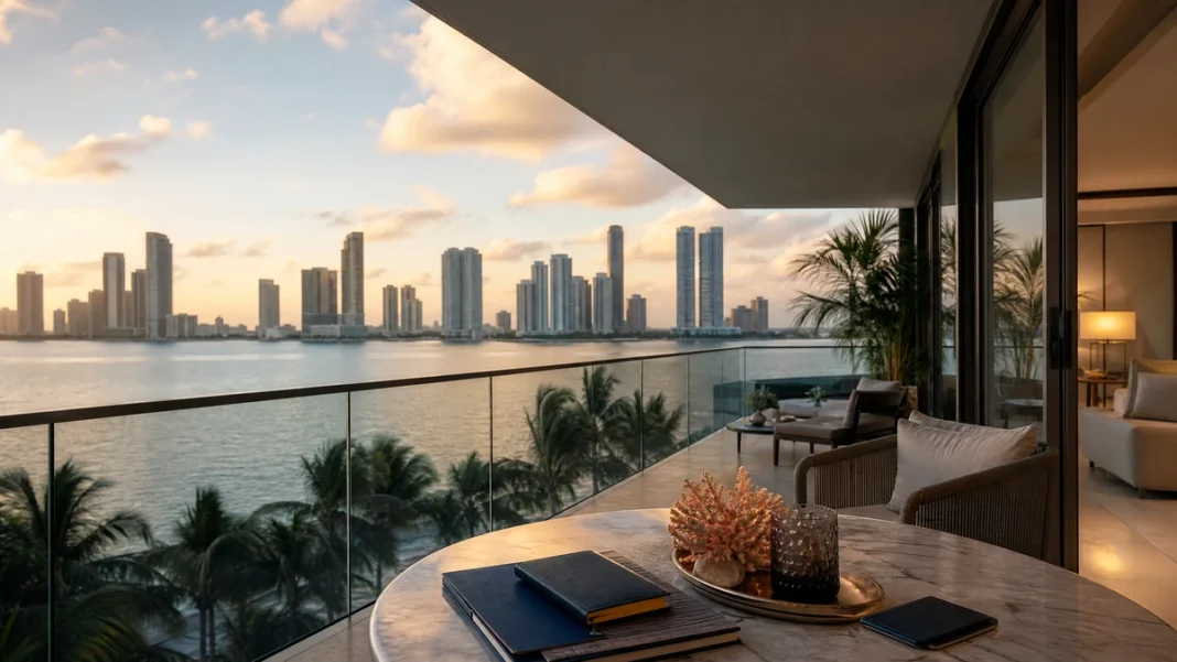 A1 — Miami property ownership and immigration status Elegant Miami waterfront condo interior with skyline at sunset, representing international property ownership analysis.