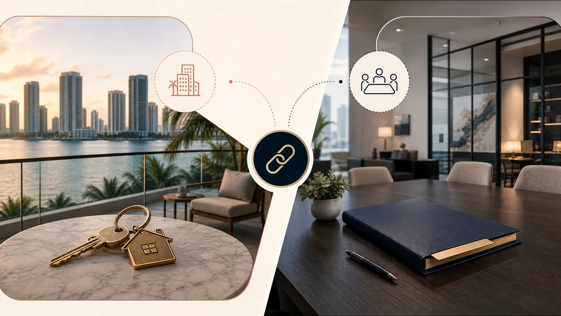 International buyer reviewing Miami condo purchase documents with immigration and tax planning notes