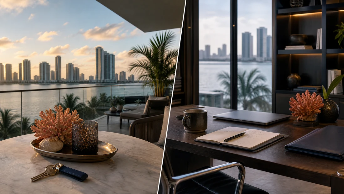 International buyer reviewing Miami condo purchase documents with immigration and tax planning notes