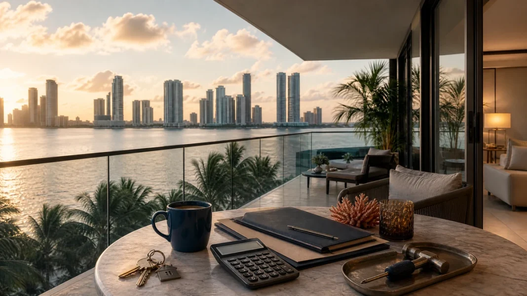 A2 — True annual cost of owning property in Miami Miami condo interior with keys, calculator, maintenance tools and budget materials on a table.