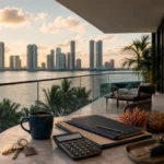 ¿Cuánto cuesta mantener una propiedad en Miami? Impuestos, HOA, seguro y gastos reales Miami condo interior with keys, calculator, maintenance tools and budget materials on a table.