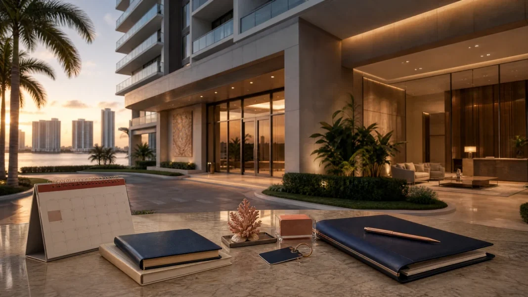 A3 — Miami short-term rental due diligence Luxury Miami condominium entrance with a calendar and property management materials suggesting short-term rental compliance.