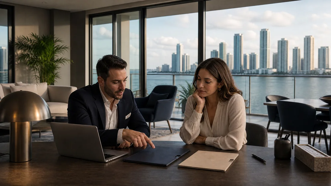 Buyer comparing cash and mortgage financing options for a Miami condo with an advisor
