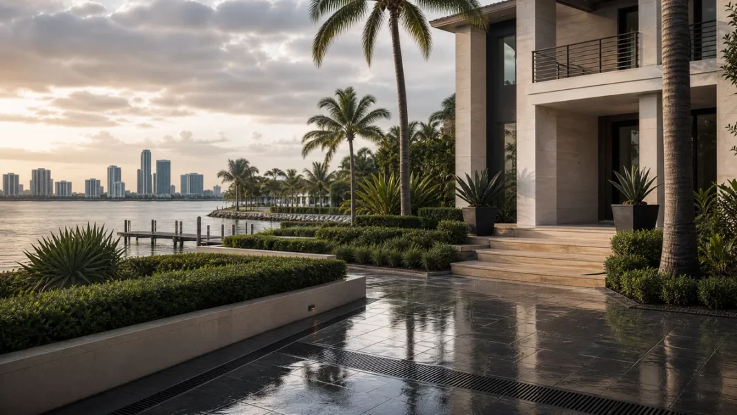 Resilient Miami waterfront residence with elevated landscaping and drainage details