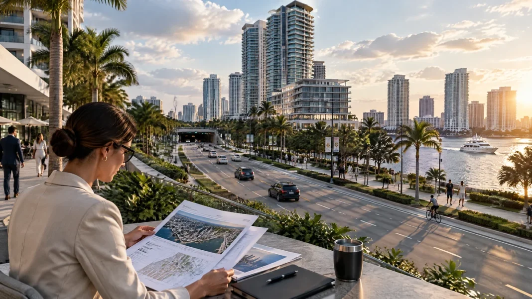 A1 Rio Vista Residences due diligence featured Conceptual Fort Lauderdale mixed-use tower corridor with an international buyer reviewing development plans