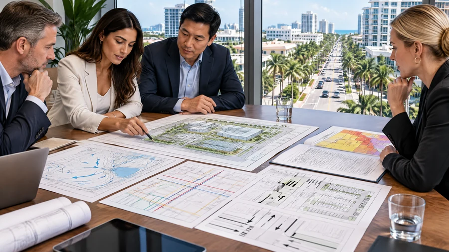 International buyers reviewing site plans, parking, traffic, drainage, and utility documents for a proposed Fort Lauderdale project.