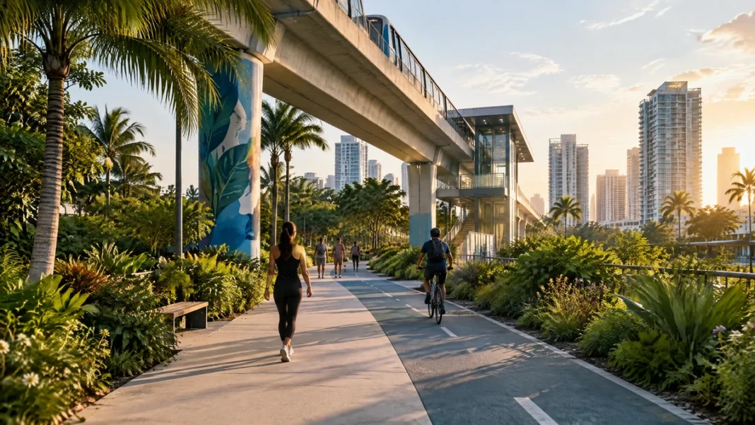 Conceptual editorial view of a tropical Miami urban trail beneath elevated rail infrastructure with pedestrians and cyclists.